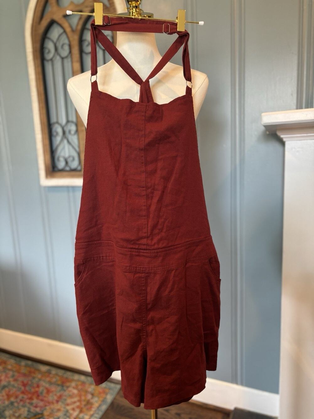 Women’s Y2K Torrid2 Burgundy Square Neck Strappy Short Linen Blend Shorts Romper